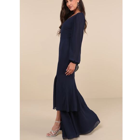 Lulus NWT Tier Elegance Navy Sheer Long Sleeve Tiered Woven Tie Maxi Dress 2X - Picture 2 of 10